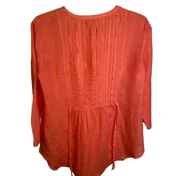 Calypso Linen 3/4 Sleeve Scooped Neckline Pleated Front Blouse Coral Size Small - Picture 2 of 9